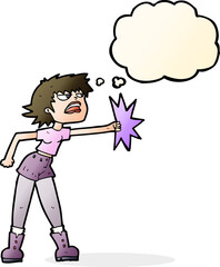 cartoon woman punching with thought bubble