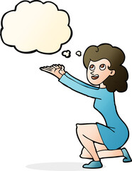 cartoon woman presentation gesture with thought bubble