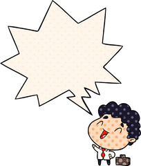 cute cartoon businessman with speech bubble in comic book style