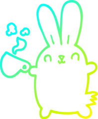 cold gradient line drawing of a cute cartoon rabbit with coffee cup