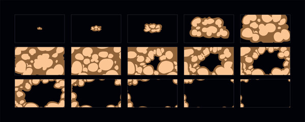 Smoke explosion animation. 2d cartoon dust animated sprite sheet frames. Flash motion boom Exploding effect storyboard vector illustration set. © Aliza Art Studio