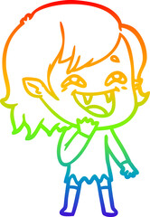 rainbow gradient line drawing of a cartoon laughing vampire girl