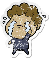 distressed sticker of a cartoon man crying