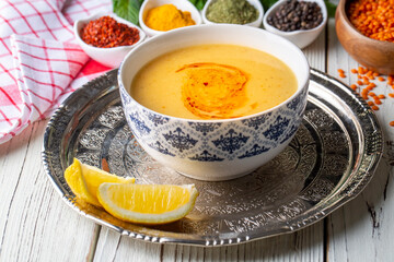 Traditional delicious Turkish foods; Red lentil soup (Turkish name; Mercimek corbasi)