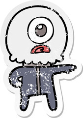 distressed sticker of a cartoon cyclops alien spaceman