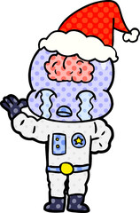 hand drawn comic book style illustration of a big brain alien crying wearing santa hat