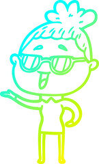 cold gradient line drawing of a cartoon happy woman wearing spectacles