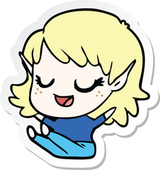 Obraz premium sticker of a happy cartoon elf girl sitting