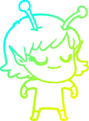 cold gradient line drawing of a smiling alien girl cartoon