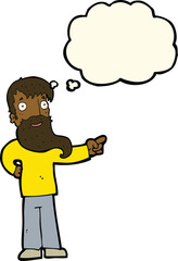 cartoon man with beard pointing with thought bubble