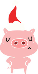 hand drawn flat color illustration of a content pig wearing santa hat