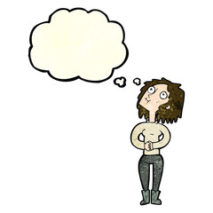 cartoon woman looking upwards with thought bubble