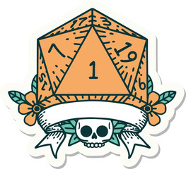 sticker of a natural one d20 dice roll