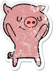 distressed sticker of a happy cartoon pig