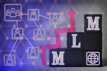 Multi-level marketing. Black cubes with abbreviation MLM and globe icon, arrow and digital scheme...