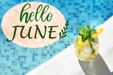 Hello June. Refreshing water with lemon and mint near swimming pool