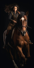 Fototapeta na wymiar Frau einem braunen Pferd reitet elegant, ai generativ