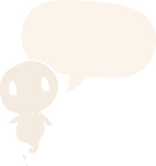 cute cartoon ghost with speech bubble in retro style