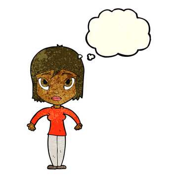 recommend clip art: cartoon woman shrugging shoulders with thought bubble