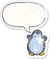cartoon penguin with speech bubble distressed distressed old sticker