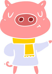flat color style cartoon content pig in winter attire