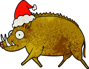 hand drawn textured cartoon of a wild boar wearing santa hat