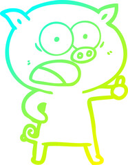 cold gradient line drawing of a cartoon pig shouting