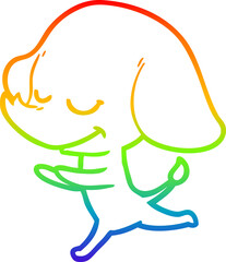 rainbow gradient line drawing of a cartoon smiling elephant running
