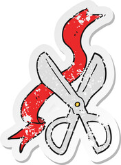 retro distressed sticker of a cartoon scissors cutting ribbon