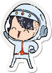 distressed sticker of a happy cartoon space girl