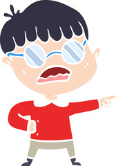 flat color style cartoon pointing boy wearing spectacles