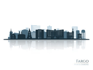 Fargo skyline silhouette with reflection. Landscape Fargo, North Dakota. Vector illustration.