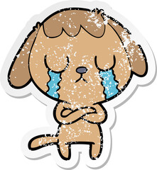 distressed sticker of a cute cartoon dog crying