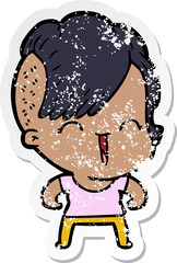 distressed sticker of a cartoon happy hipster girl