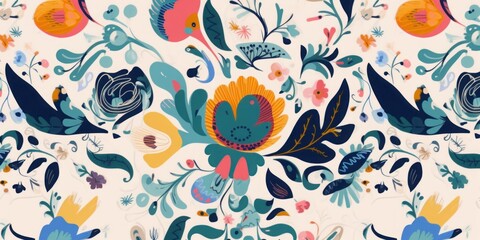 Cute Ukrainian style floral ornament pattern. Hand drawn artistic abstract print. Collage contemporary design, Generative AI