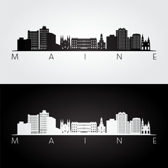 Maine state skyline and landmarks silhouette, black and white design. Vector illustration.