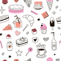 Doodle patisserie pattern. Seamless pattern with desserts, cups, sweets