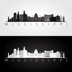 Naklejka premium Mississippi state skyline and landmarks silhouette, black and white design. Vector illustration.