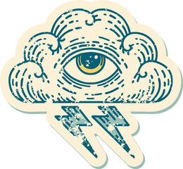 iconic distressed sticker tattoo style image of an all seeing eye cloud