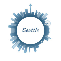 Seattle skyline with colorful buildings. Circular style. Stock vector illustration.
