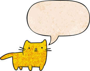 cartoon cat with speech bubble in retro texture style