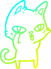 cold gradient line drawing of a cartoon cat staring