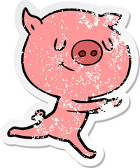 distressed sticker of a happy cartoon pig