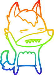 rainbow gradient line drawing of a cartoon wolf waving showing teeth
