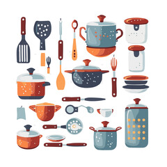 Kitchenware set graphic elements in flat design. Bundle of kettle, ladle, spoon, fork, frying pan, mug, board, bowl, knife, rolling pin, spatula and other utensil. Illustration isolated objects