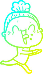 cold gradient line drawing of a cartoon happy old woman