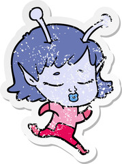distressed sticker of a cartoon alien girl