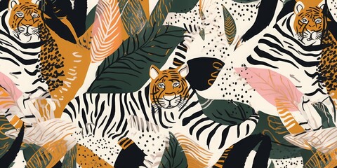Hand drawn abstract jungle pattern with tigers. Artistic collage contemporary seamless pattern. Fashionable template for design, Generative AI