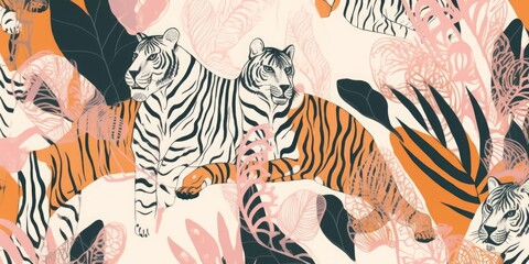 Fototapeta na wymiar Hand drawn abstract jungle pattern with tigers. Artistic collage contemporary seamless pattern. Fashionable template for design, Generative AI