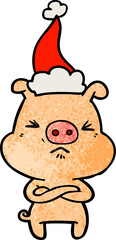 hand drawn textured cartoon of a angry pig wearing santa hat